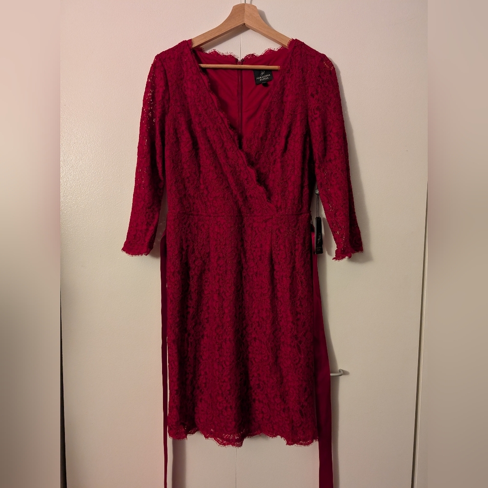 Adrianna Papell Long Sleeve Wrap Front Lace Cocktail Dress Red 6